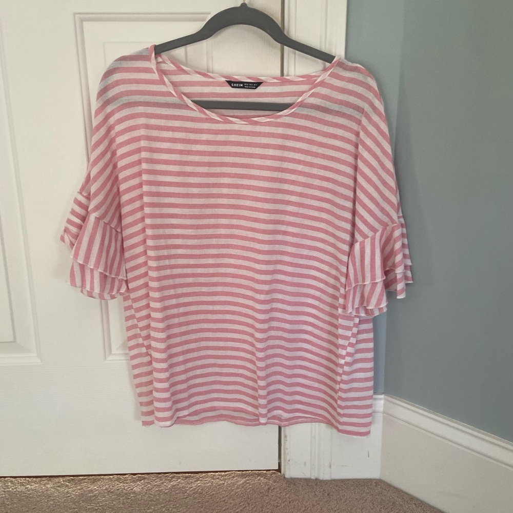 White + pink stripe ruffle short sleeve shirt
